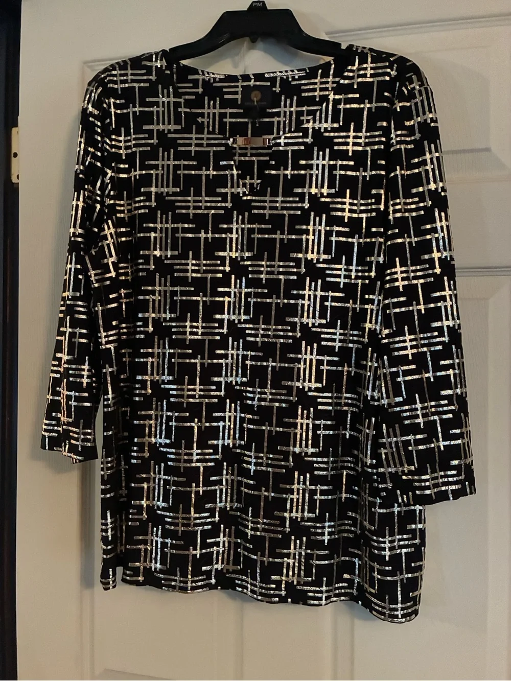 JM Collection Black 3/4 Sleeve Top with Gold Metallic Grid